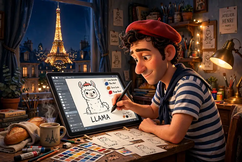 Henri Hue at work in his Paris studio, sketching the Llama logo late at night
