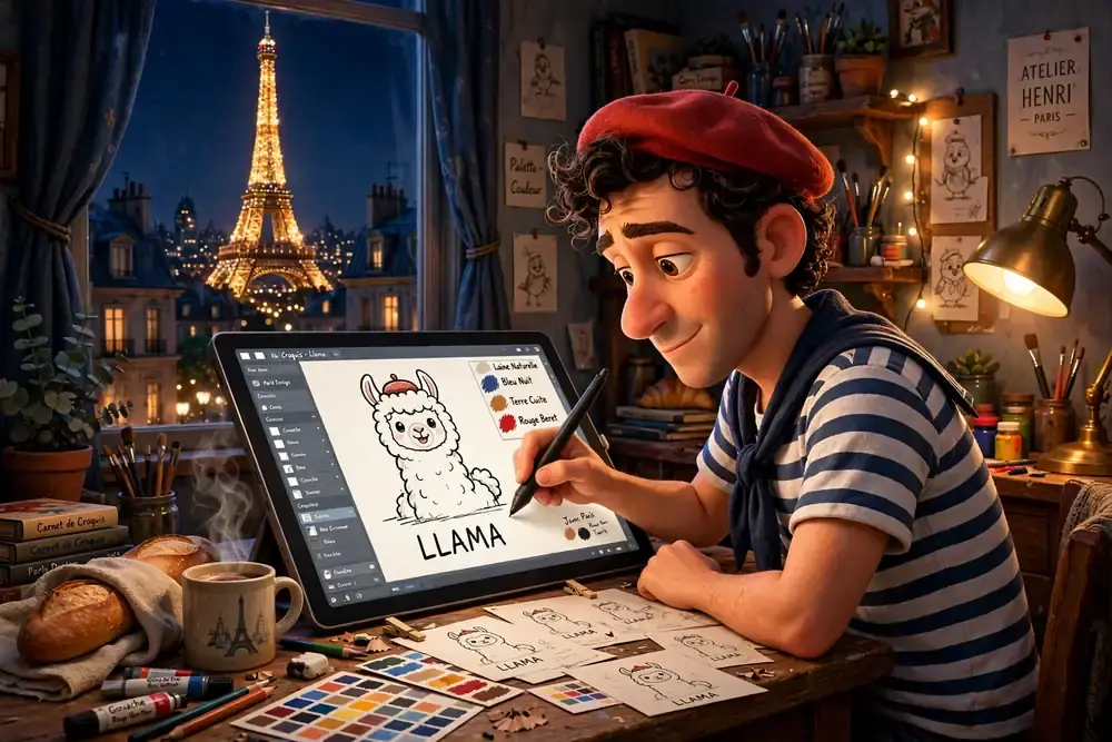 Henri Hue at work in his Paris studio, sketching the Llama logo late at night