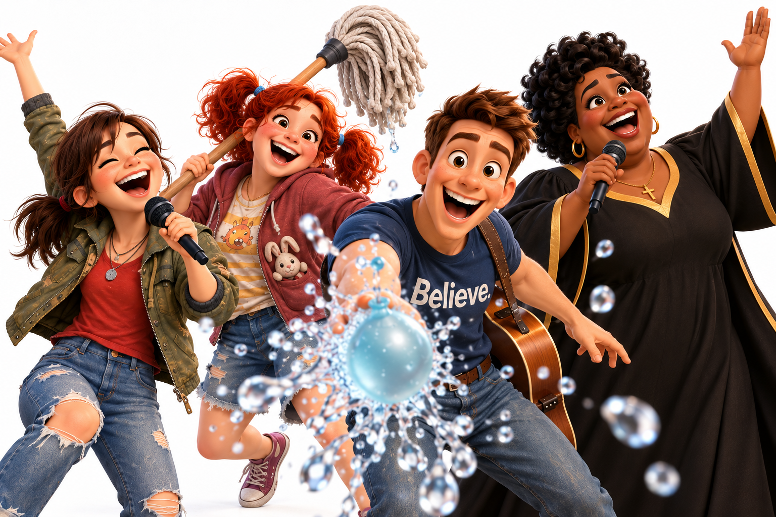 Sally, Marty, and Chadwick causing playful mischief with a water balloon while Haddie sings, dressed for church