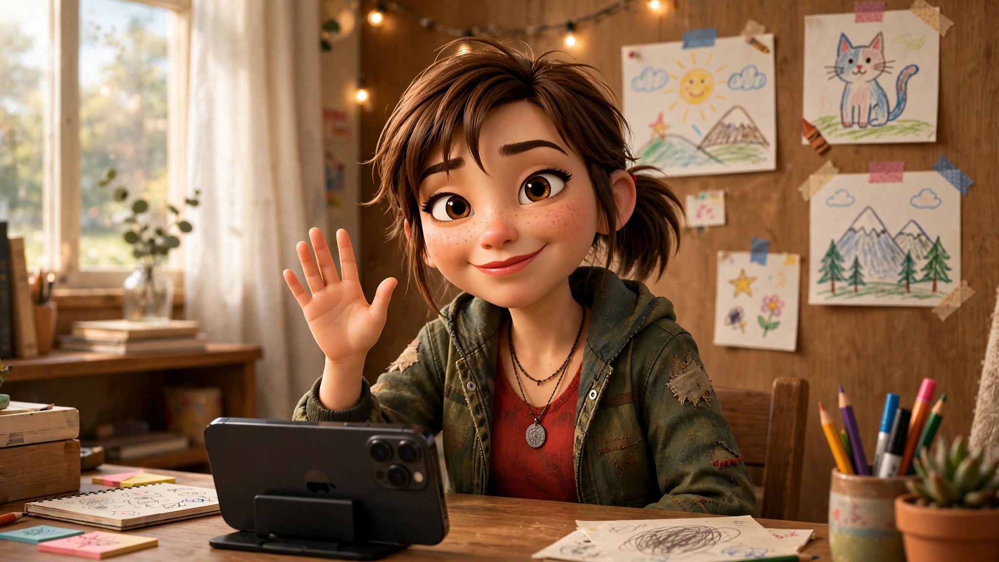 Sally waving at her iPhone camera