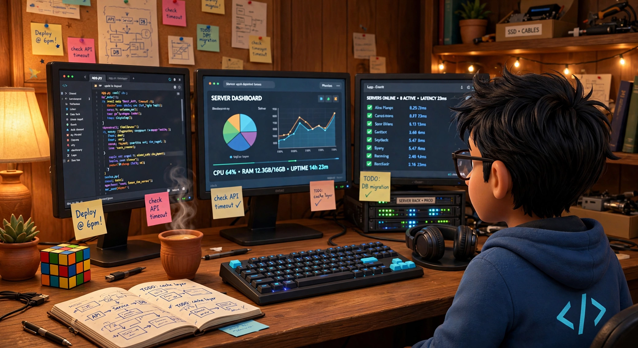 Dinesh at his engineering workstation with three monitors and a server rack