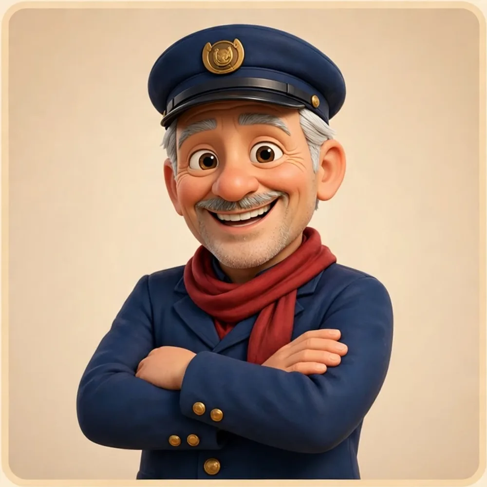 Eddie the engine conductor, smiling with arms crossed