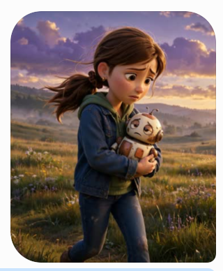Sally running through a meadow at sunset, holding a little robot