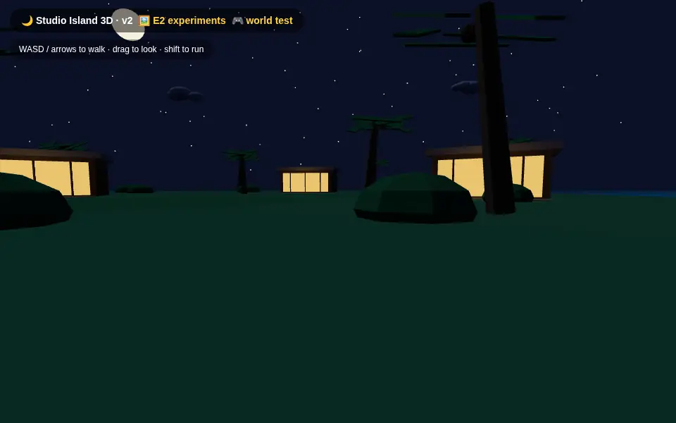 First-person view of the studio island at night