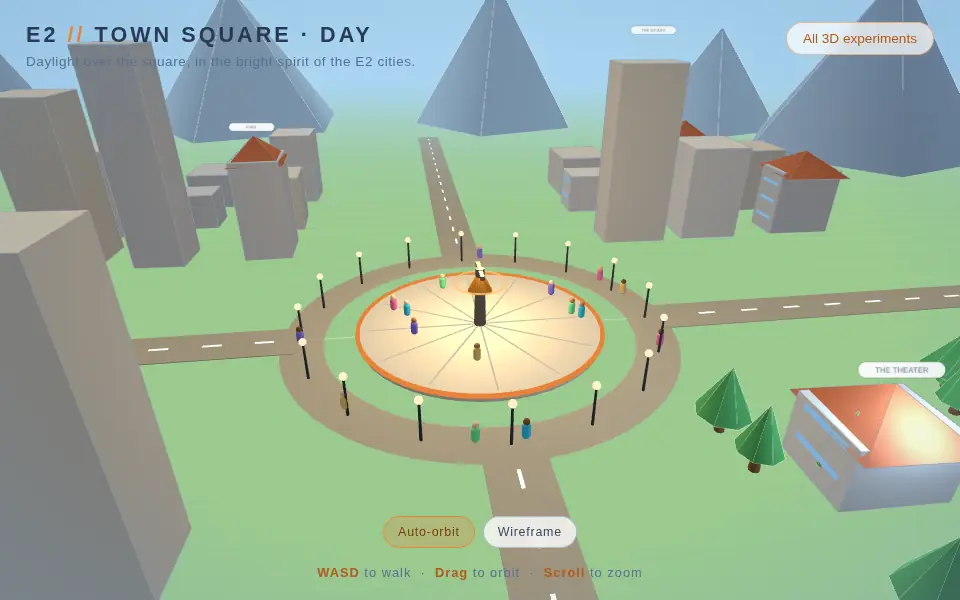 The town square in daylight, white buildings with E2 city name tags