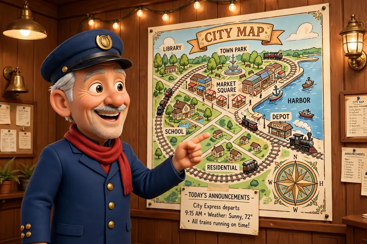 Eddie the announcer pointing at the city map