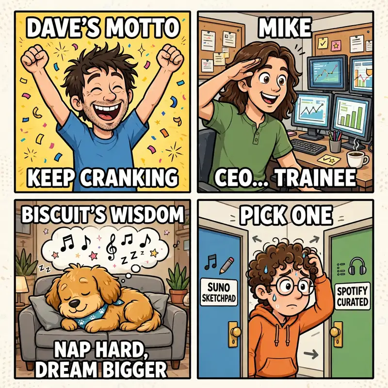 Studio meme four-pack: Dave's motto keep cranking, Mike CEO trainee, Biscuit's wisdom nap hard dream bigger, Suno vs Spotify