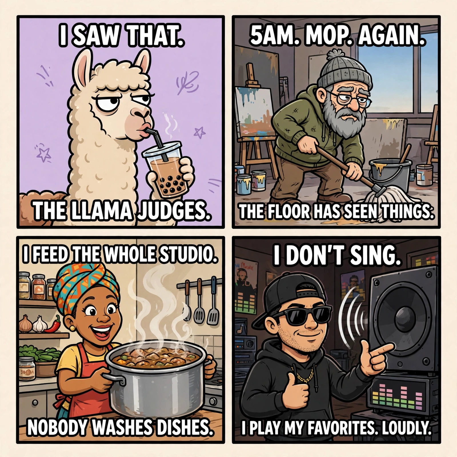 Studio meme four-pack: the llama judges, Old Ray mopping at 5am, Haddie feeding the studio, Hank playing favorites loudly