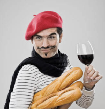Henri Hue, the Studio designer, in his beret with baguettes and wine