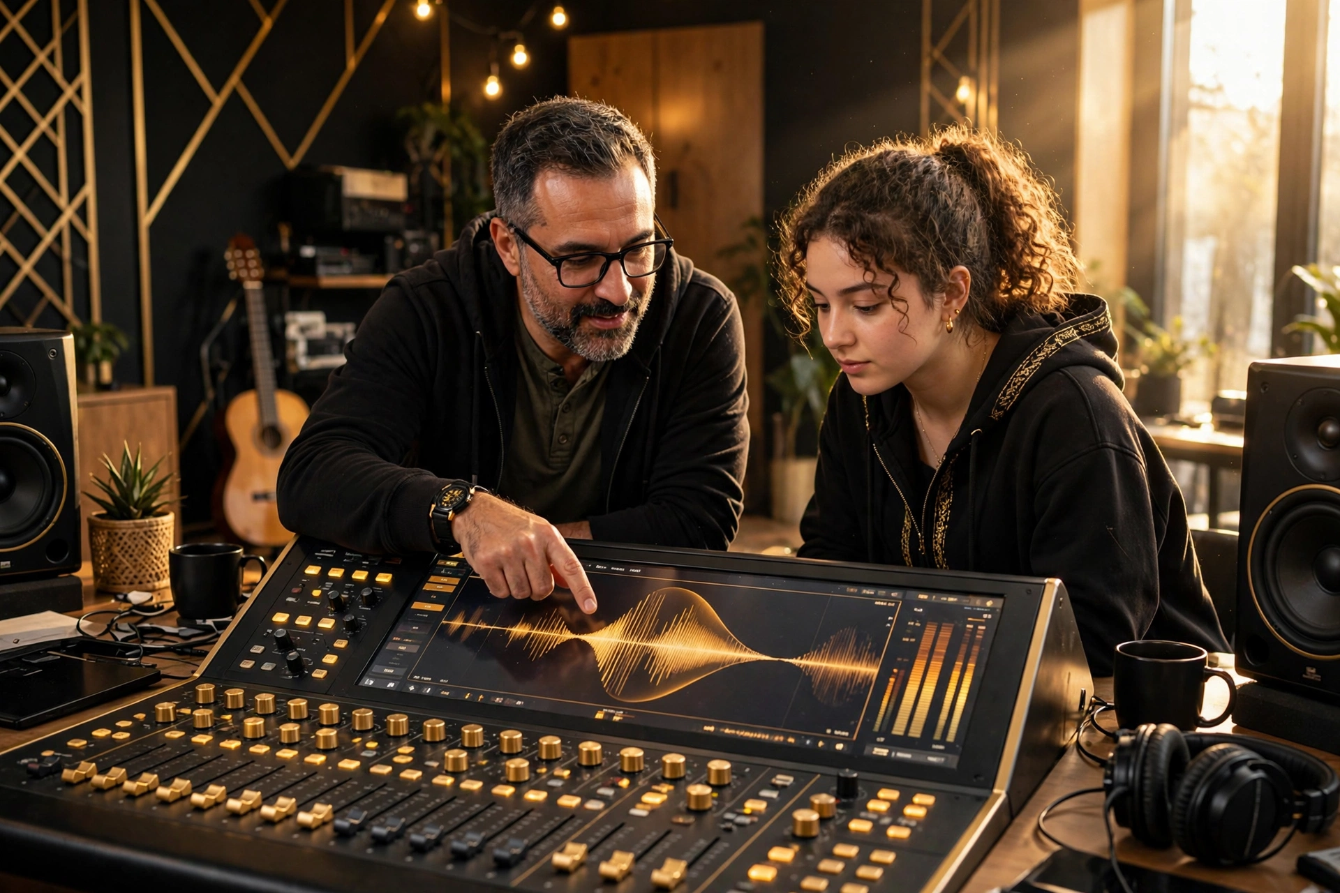 A mentor guiding an intern at a mixing console