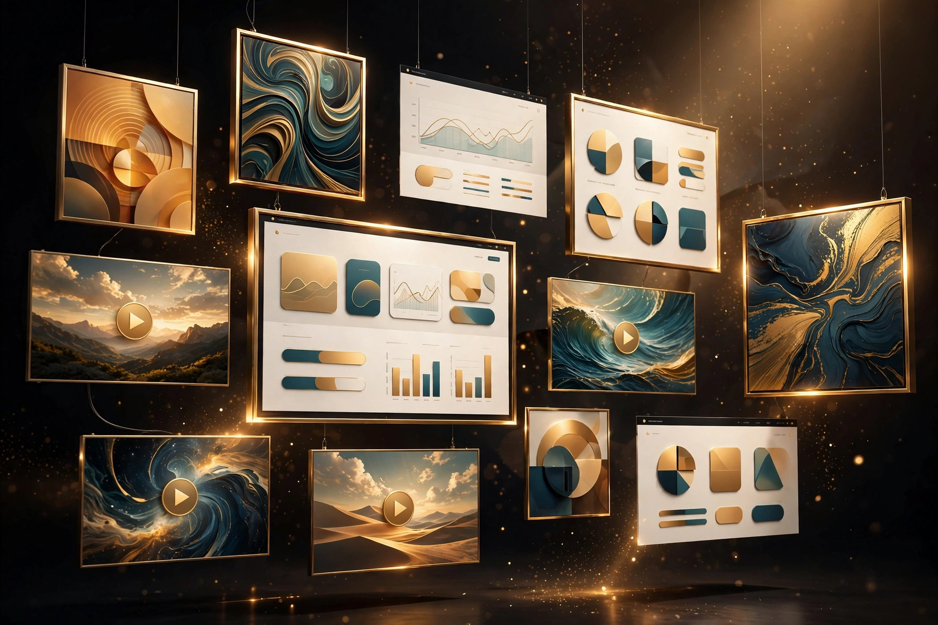 A glowing gallery of creative work on display
