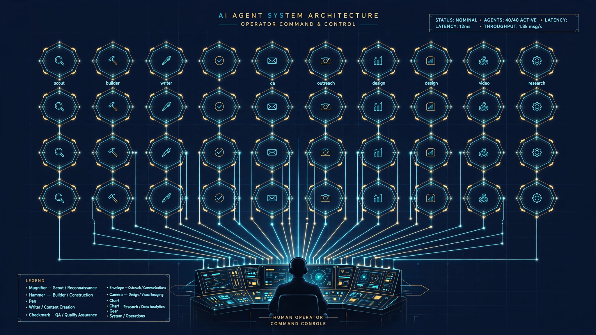 One human operator commanding 40 AI agents: scouts, builders, writers, QA, outreach, design, video, and research