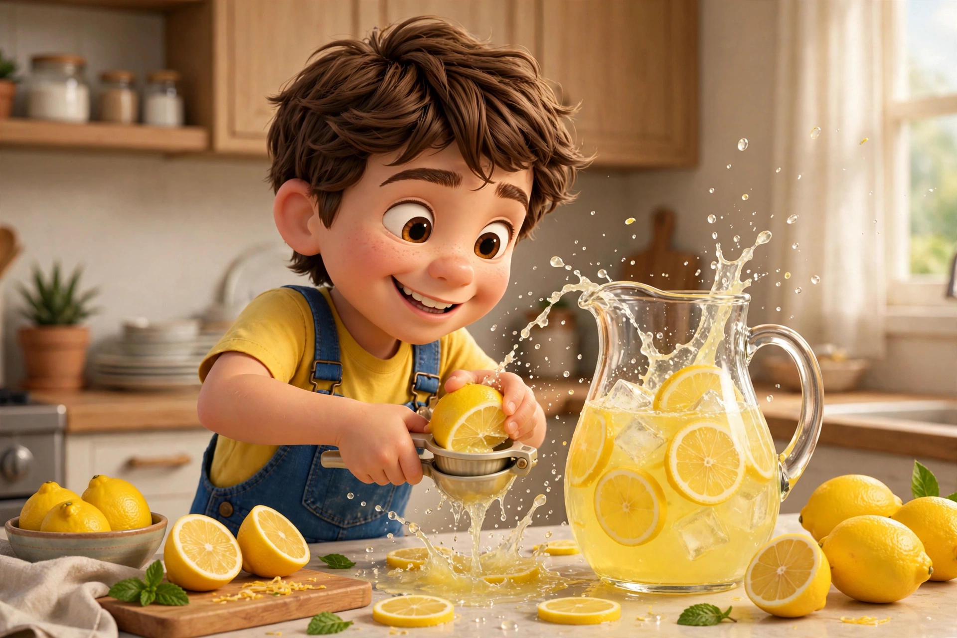 Squeezing fresh lemons into a big pitcher of lemonade