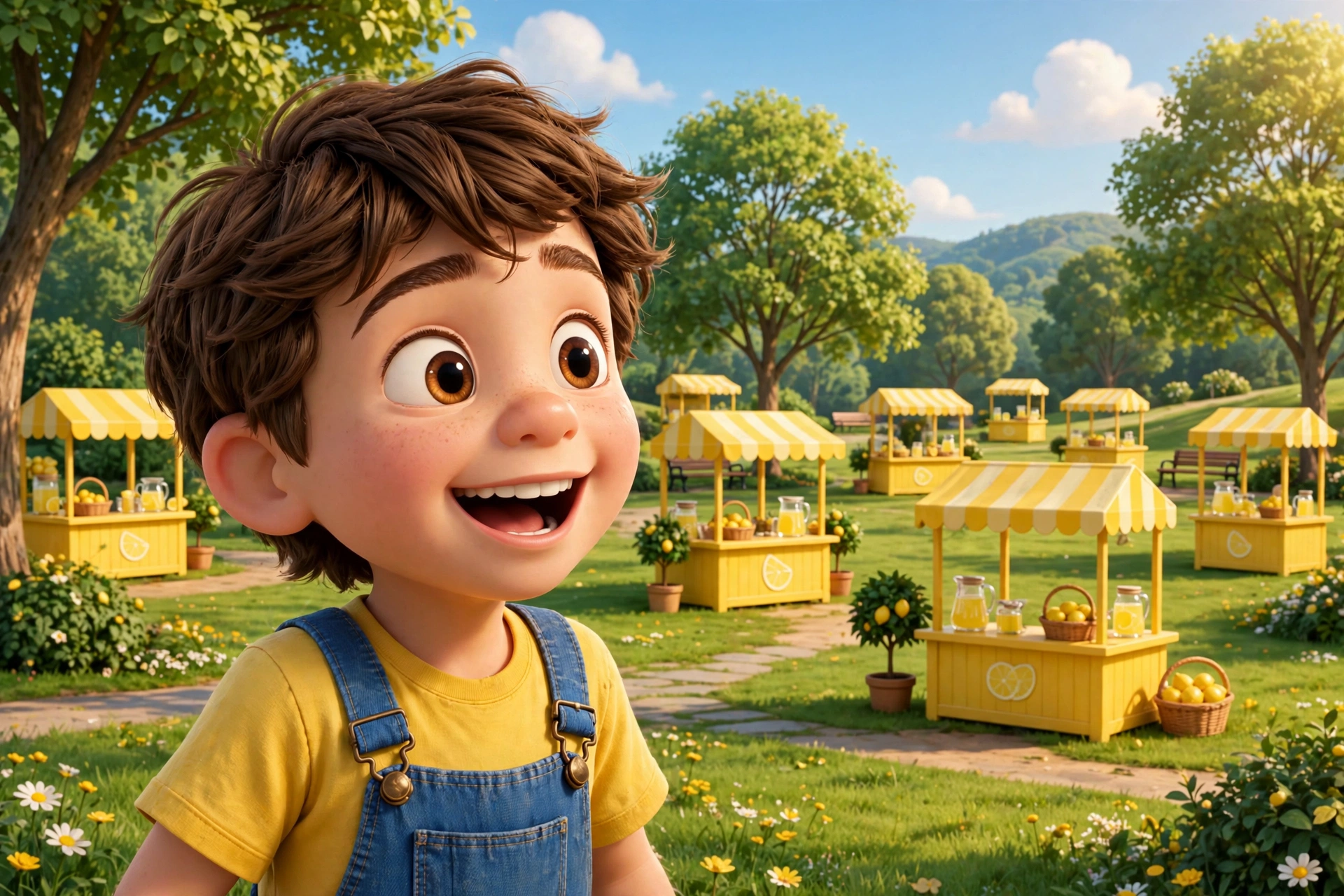 Lemonade stands all over the sunny park
