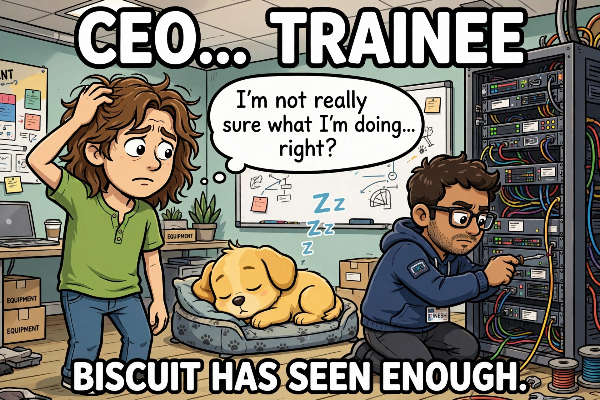 Mike is not sure what he is doing, Biscuit is asleep