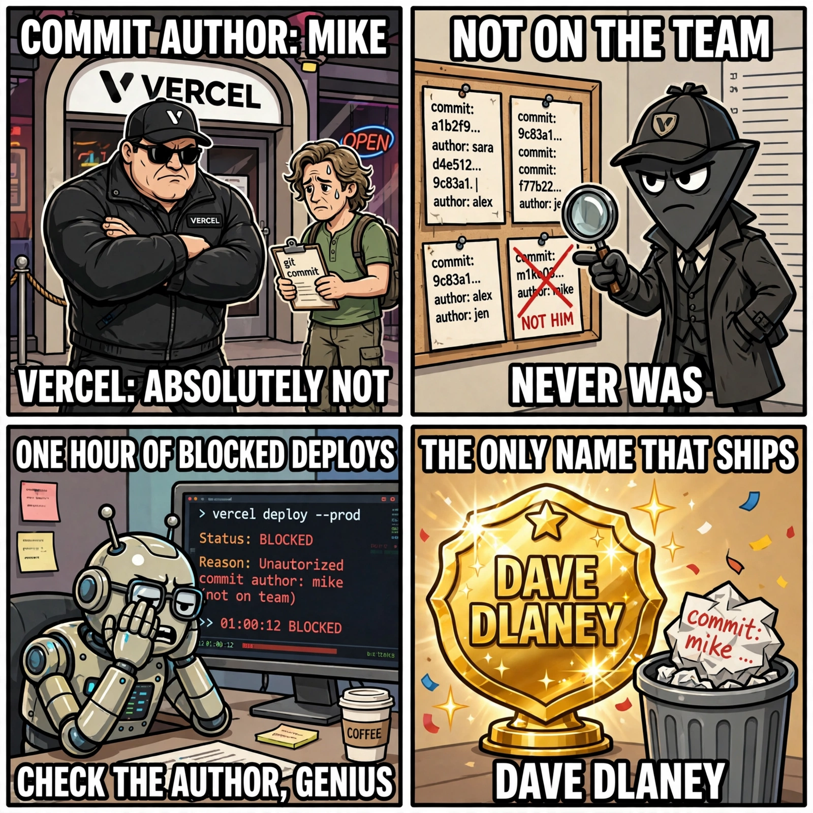 Commit author Mike, Vercel says no