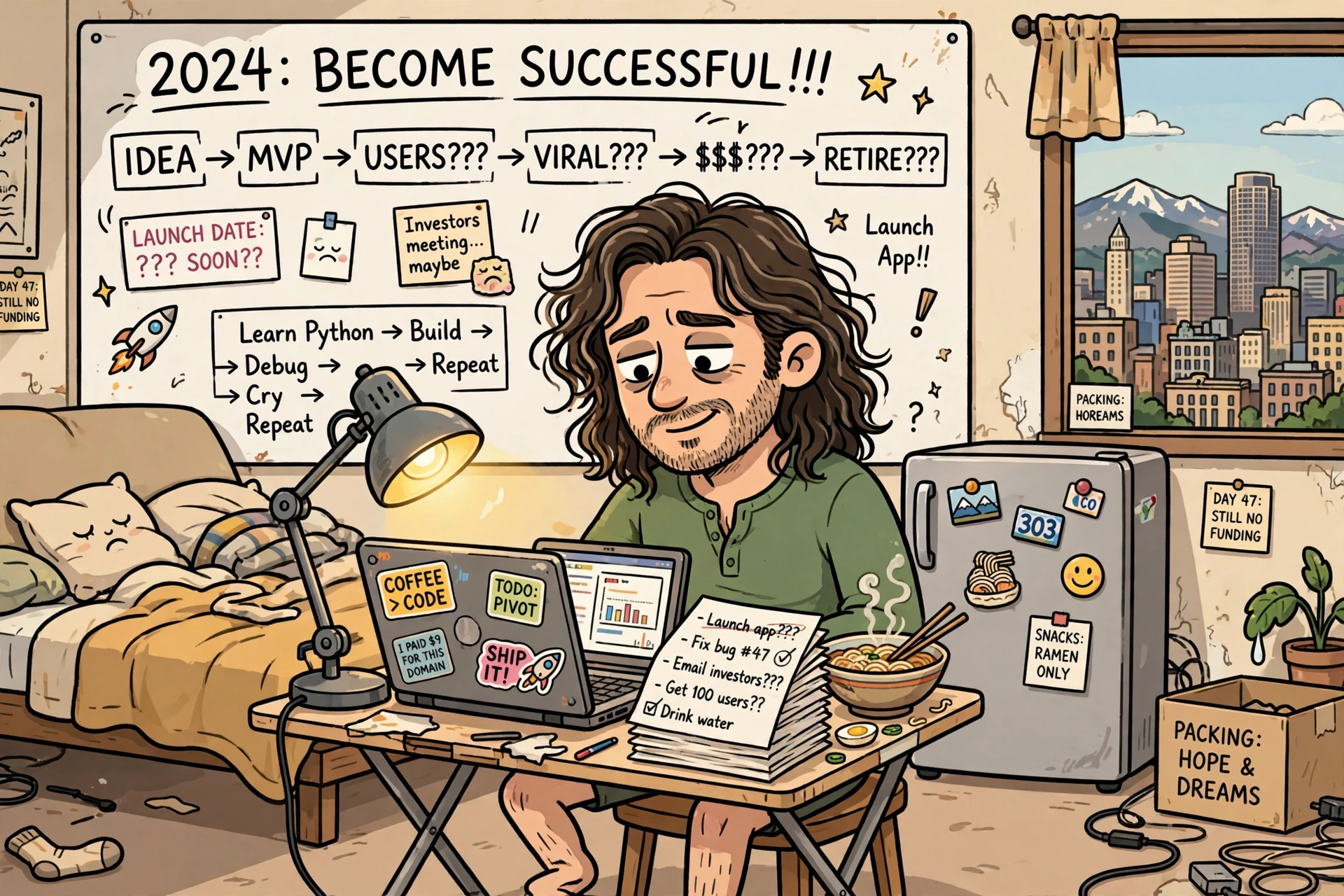 Cartoon of Mike working at his tiny apartment desk, ramen bowl and sticker laptop, whiteboard of big plans behind him