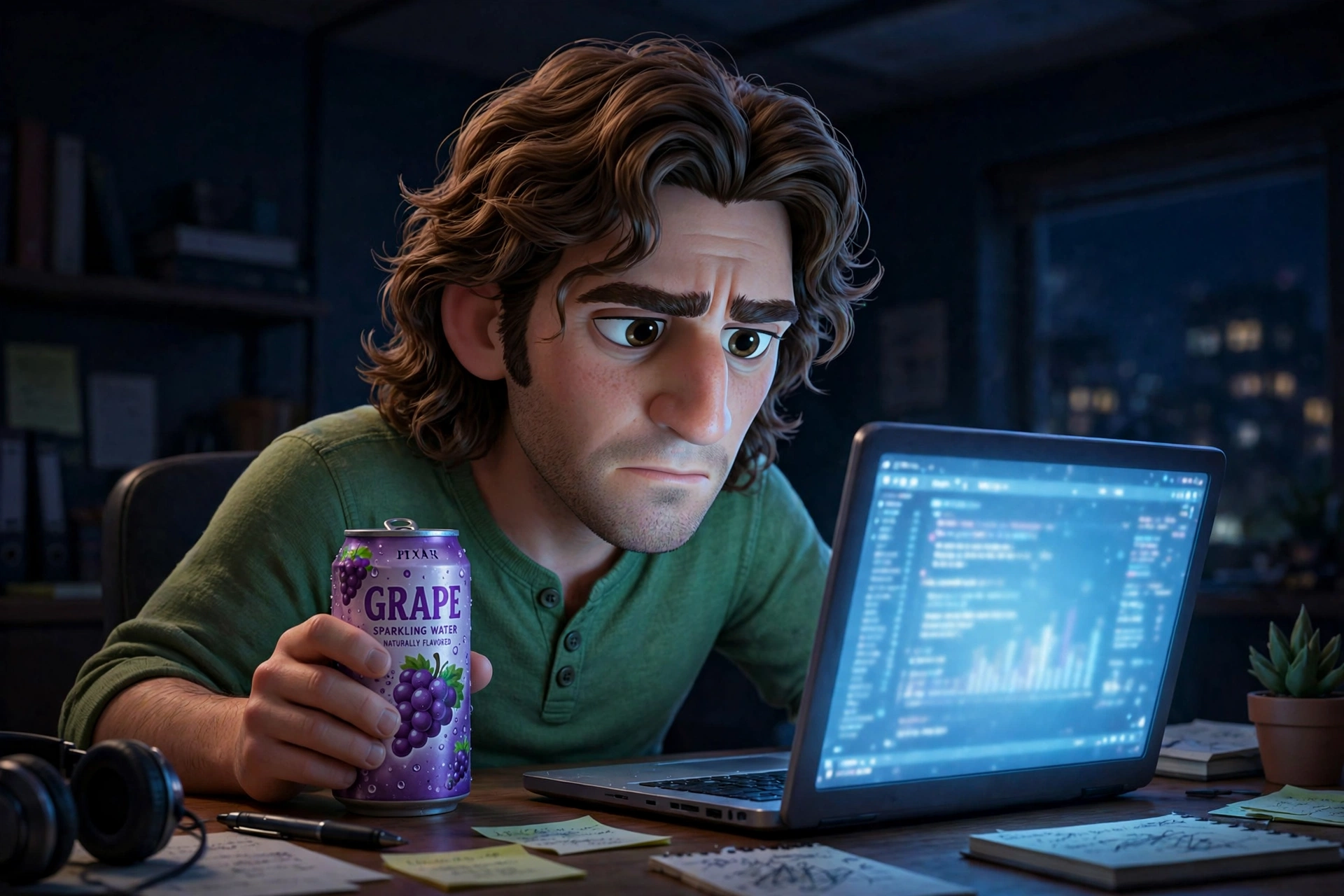Mike burning the midnight oil with a grape Spindrift