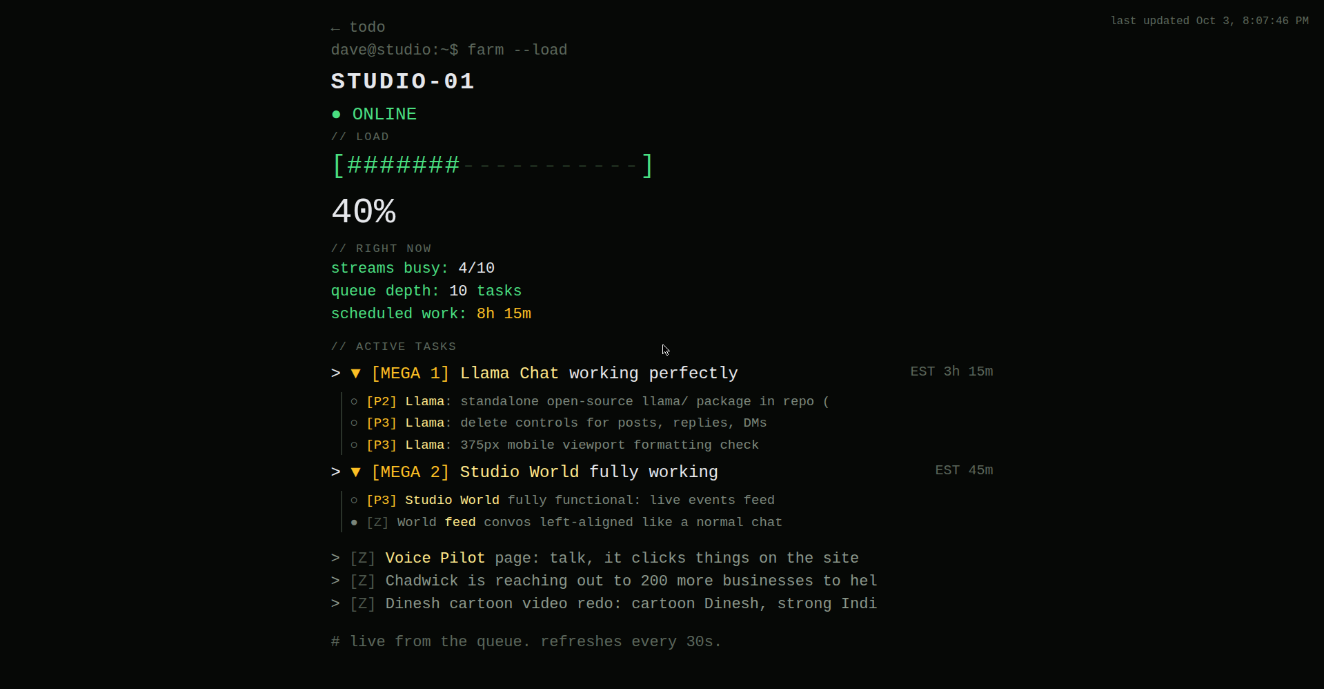The server page, live terminal view