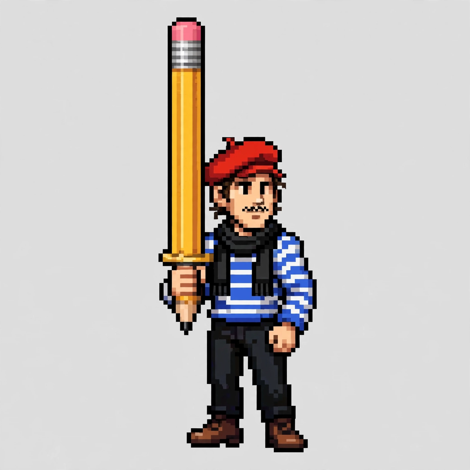 Henri Hue as a 16-bit designer character with a pencil sword