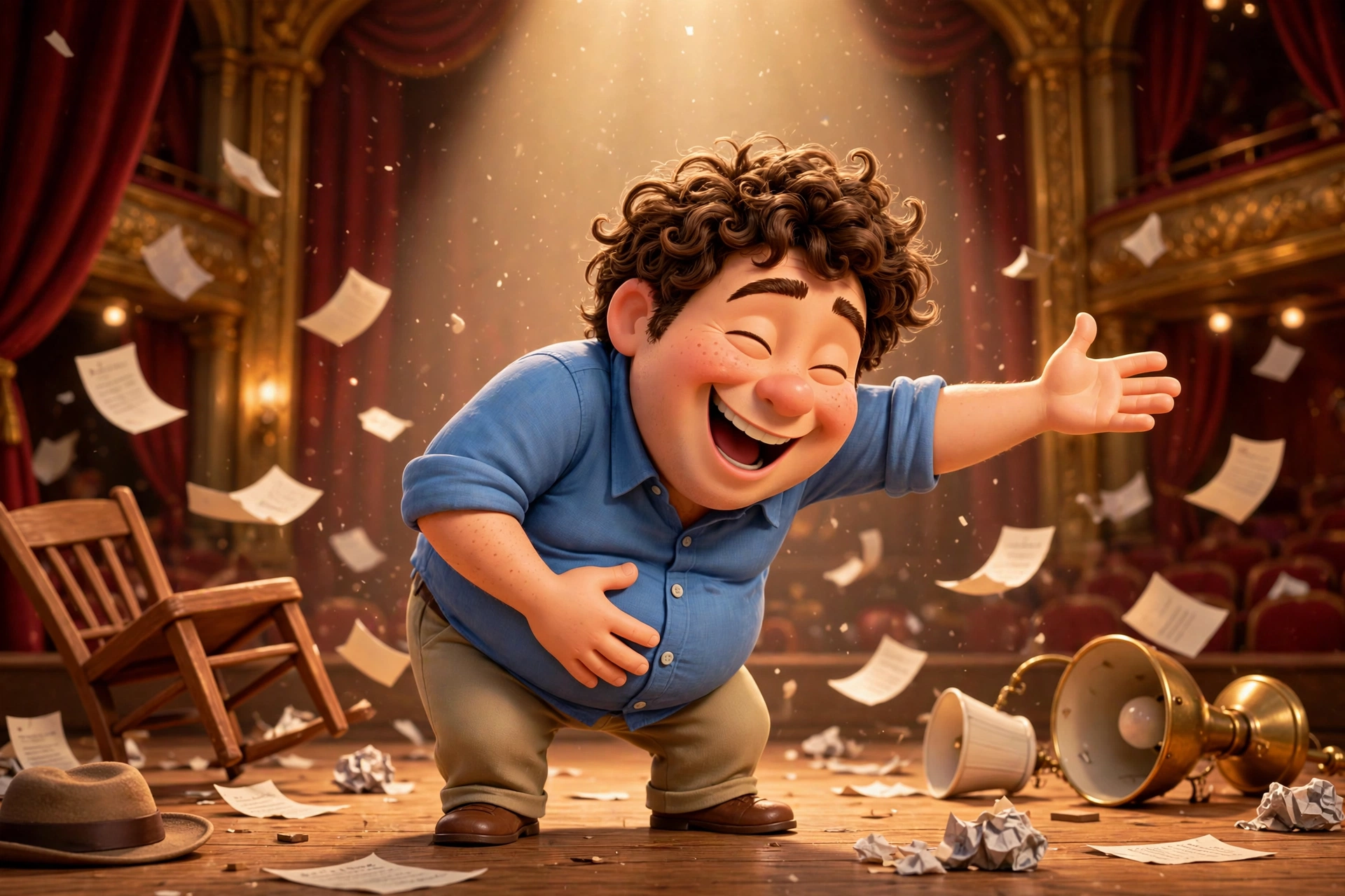 Buster taking a bow on stage after a comedic fall