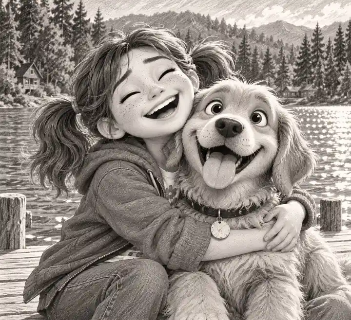 Marty laughing and hugging Biscuit on the dock beside the lake