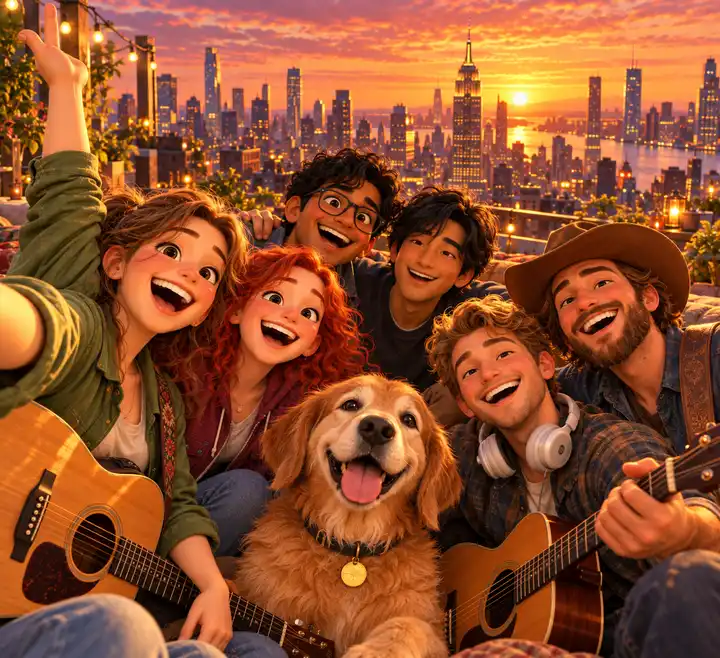 The six grown-up friends and Biscuit together on a New York City rooftop at sunset, Sally's hand held high