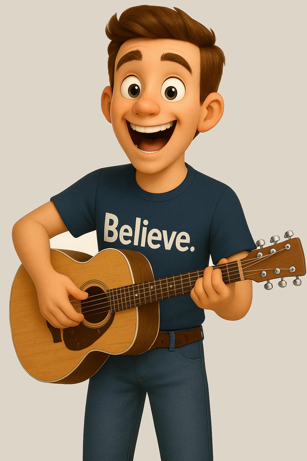 Chadwick Blaze playing guitar in his Believe shirt