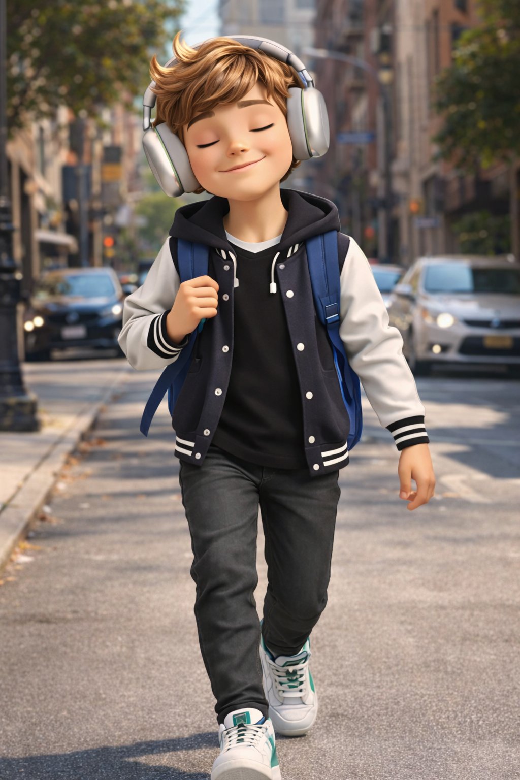 Echo walking with his eyes closed and white headphones on