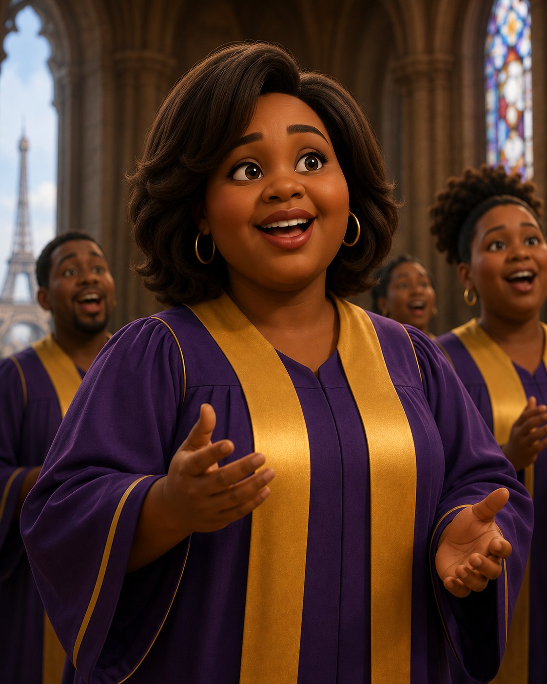 Gloria singing in a purple and gold robe