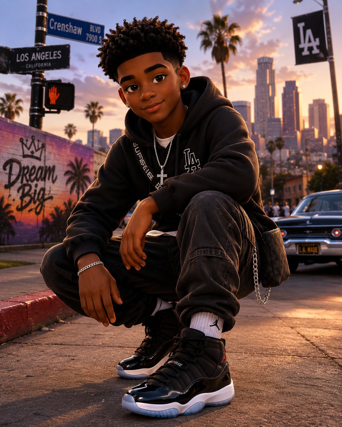 Jalen sitting on a Los Angeles street at sunset