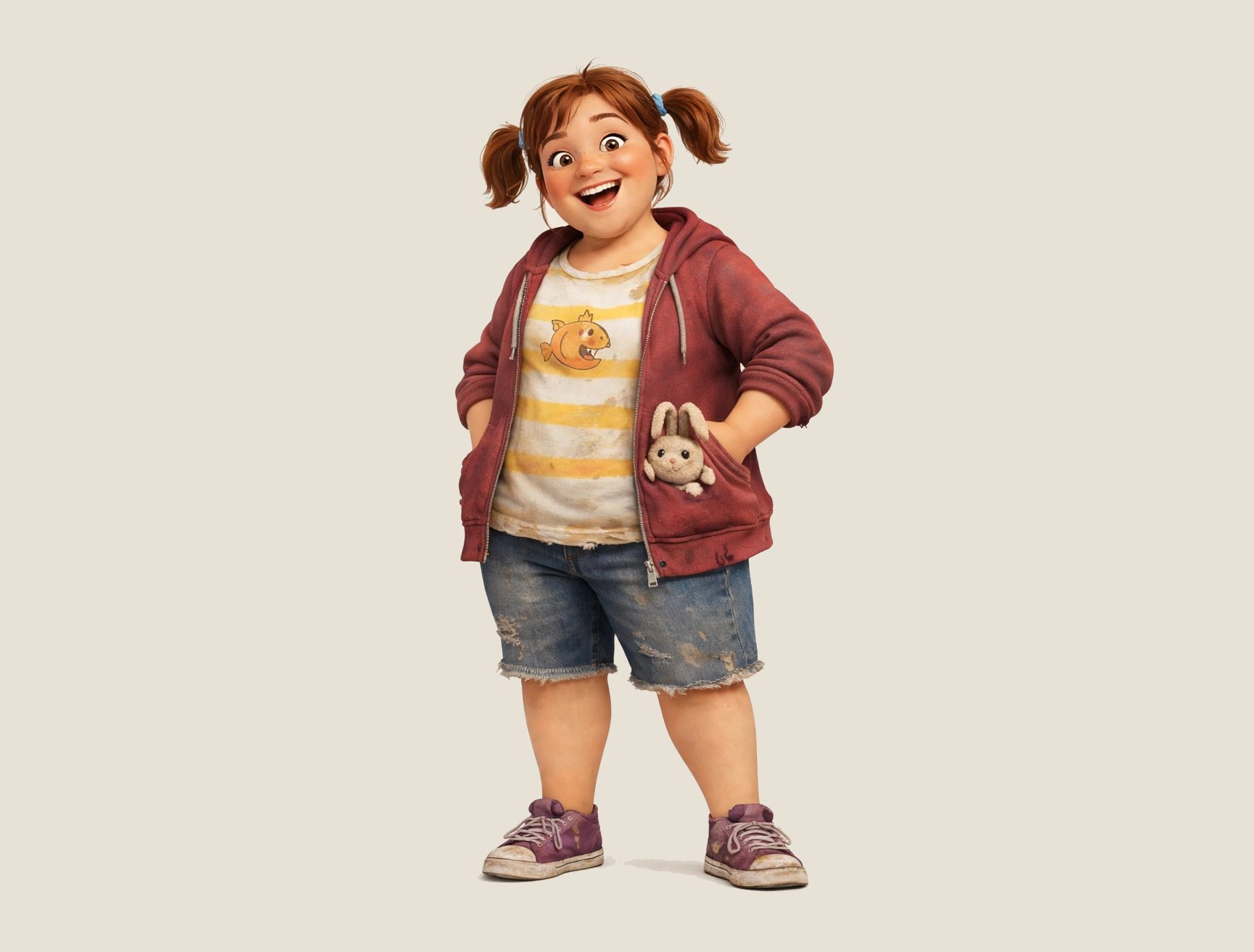 Marty smiling with pigtails and a bunny plush peeking from her hoodie pocket