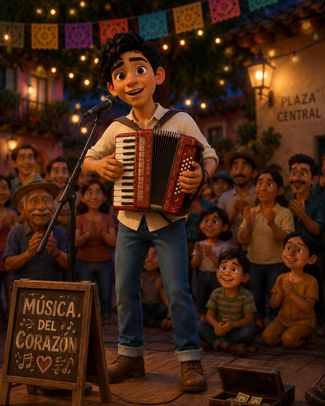 Mateo playing accordion in a lively town plaza