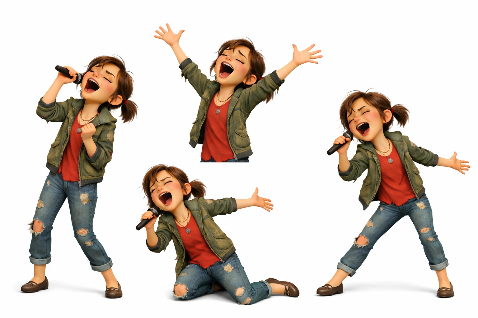 Sally singing in four poses with a microphone