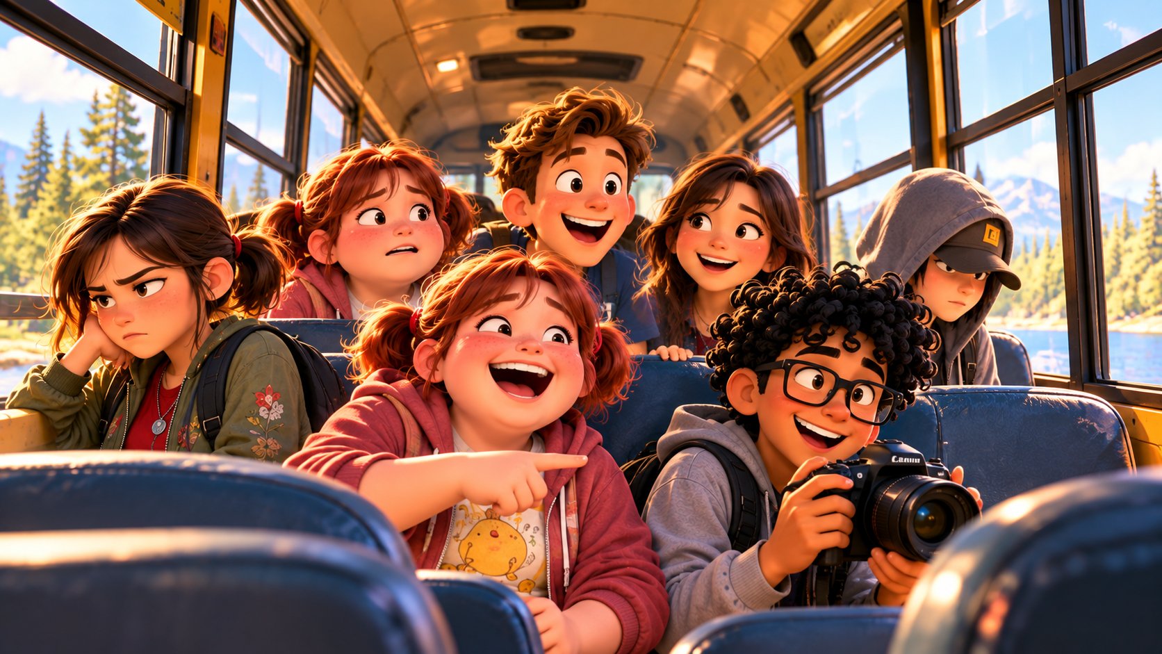 The five campers riding together inside the short bus