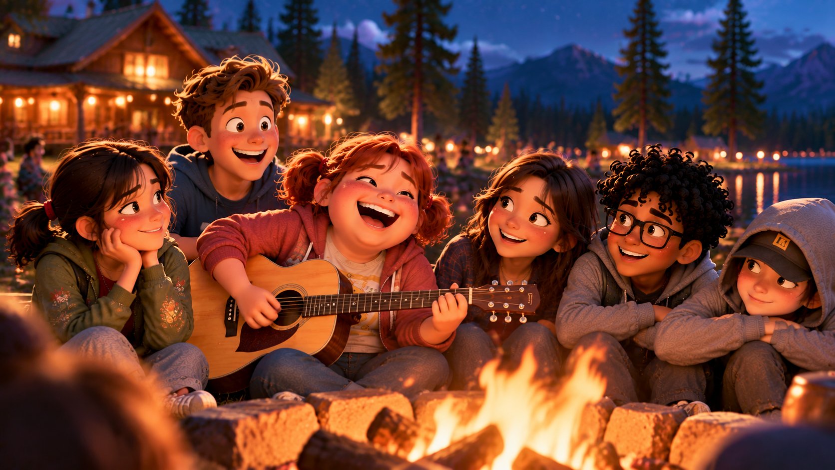 The campers sharing a song around the campfire
