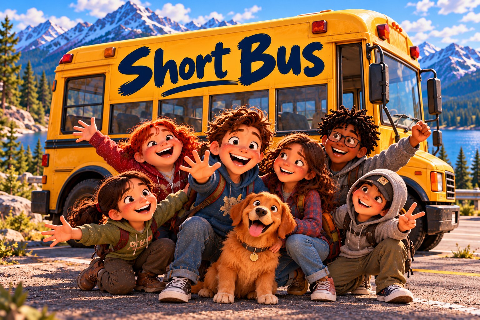 The Short Bus cast gathered in front of a yellow bus at Pine Lake