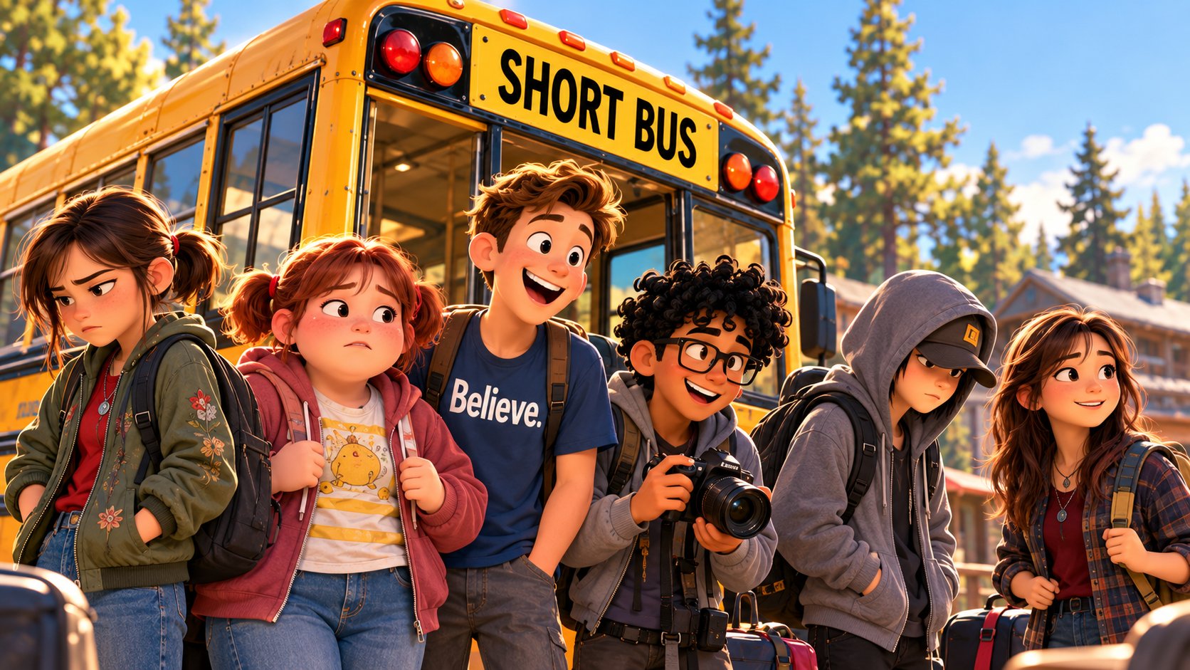 The five campers standing beside the short bus on their first day