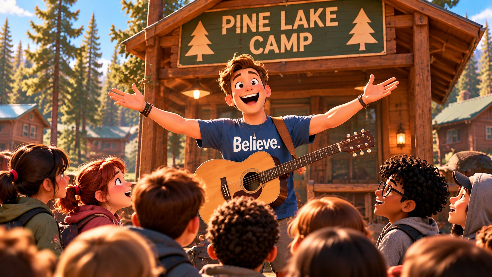 The campers arriving at Pine Lake Camp as Chadwick welcomes them