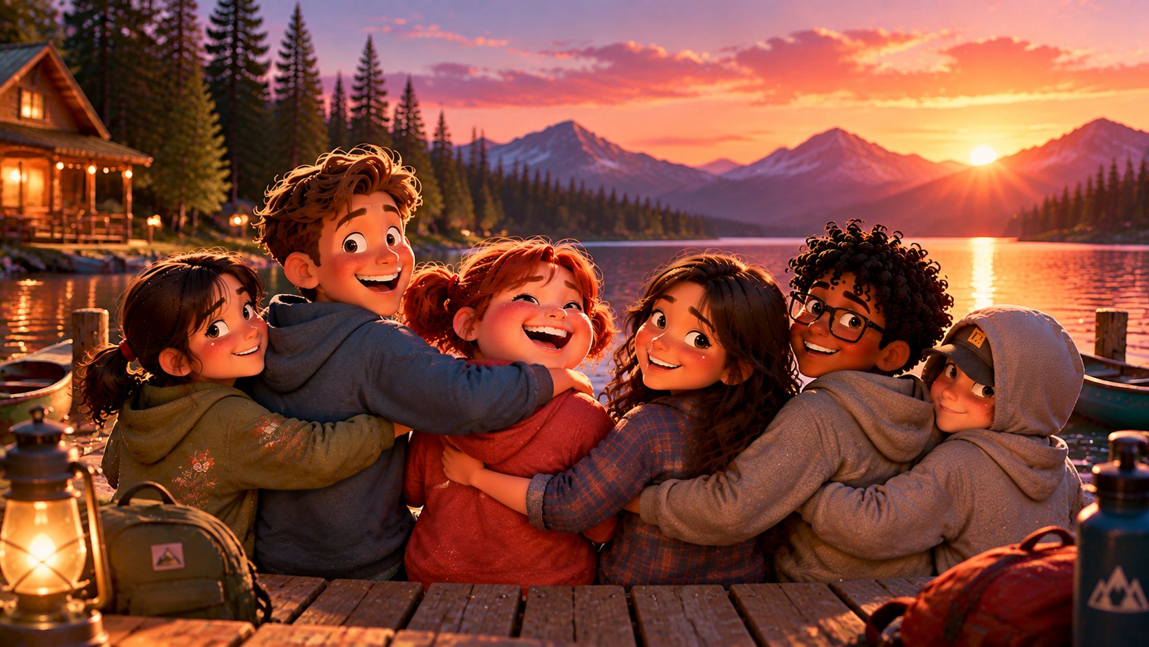 The campers sharing a group hug beside Pine Lake at sunset