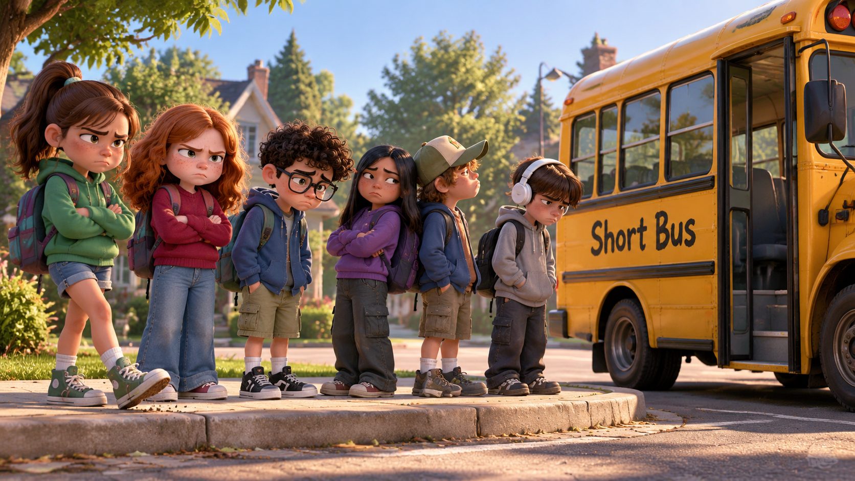 Six grumpy kids standing on the curb beside the little yellow short bus, nobody wanting to get on