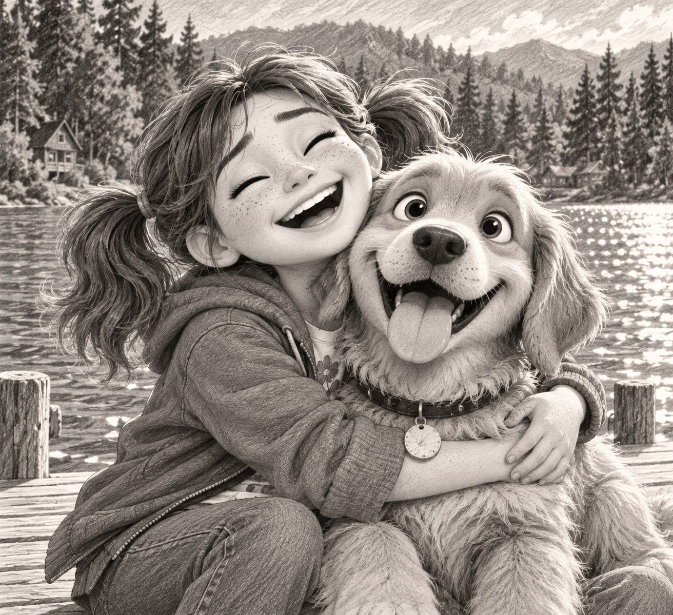 Marty laughing and hugging Biscuit on the dock beside the lake