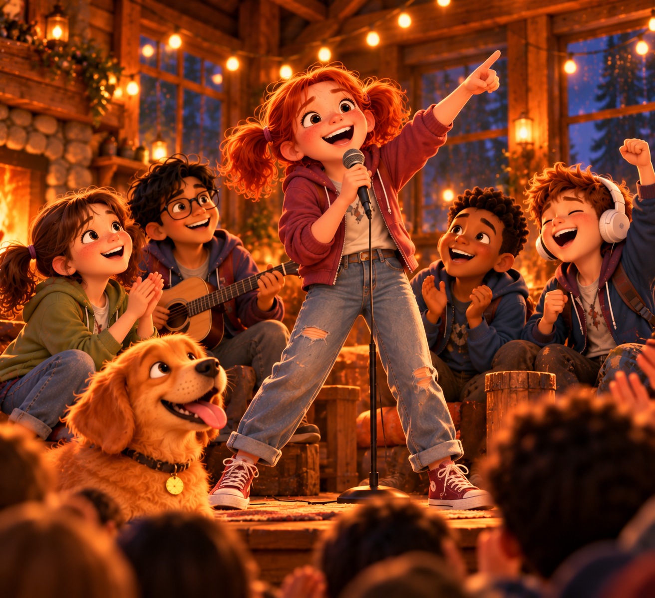 Marty singing into a microphone on a small stage while her friends cheer, Biscuit in the front row
