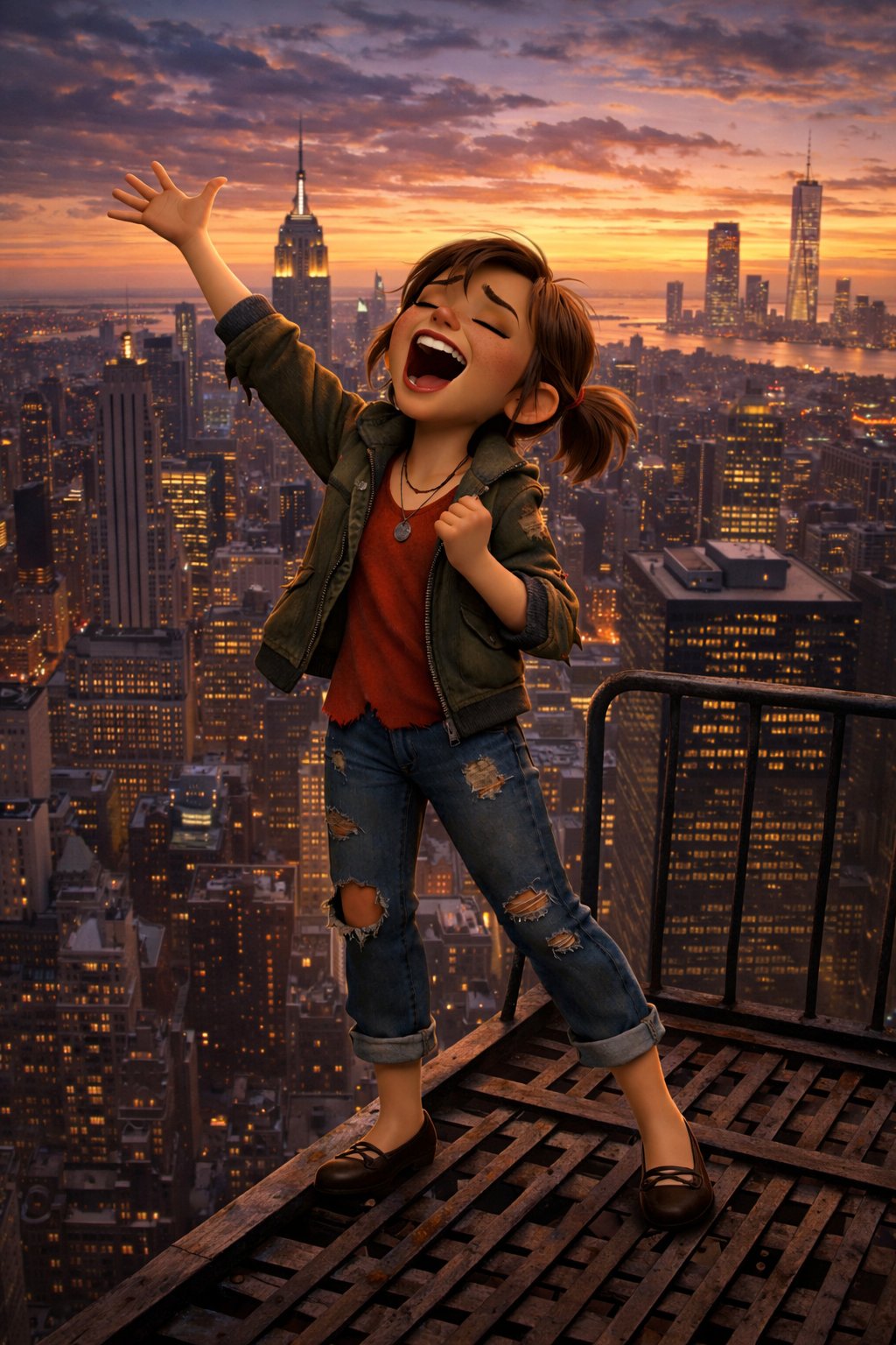 Sally singing on a New York City rooftop at sunset, hand held high