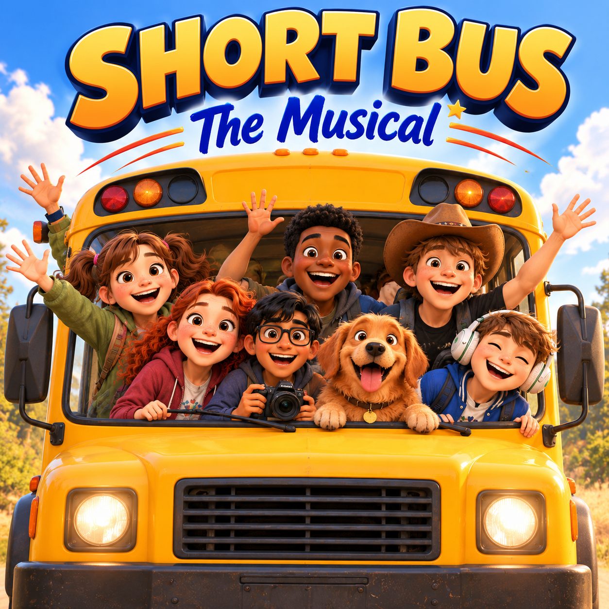 The six kids and Biscuit waving joyfully from the little yellow short bus