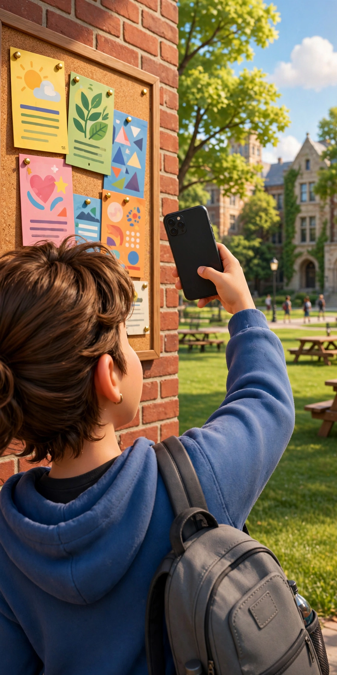 Student photographing posters with a phone