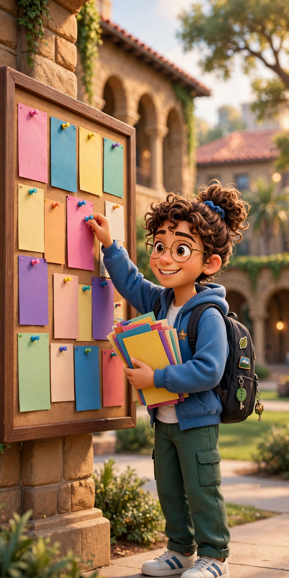 Student putting up flyers on a campus bulletin board