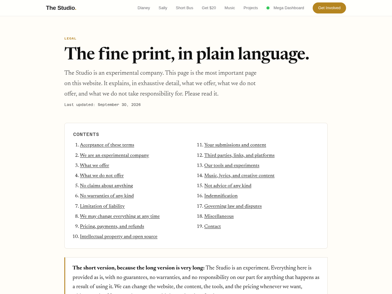 Legal page from the Website in a Box template