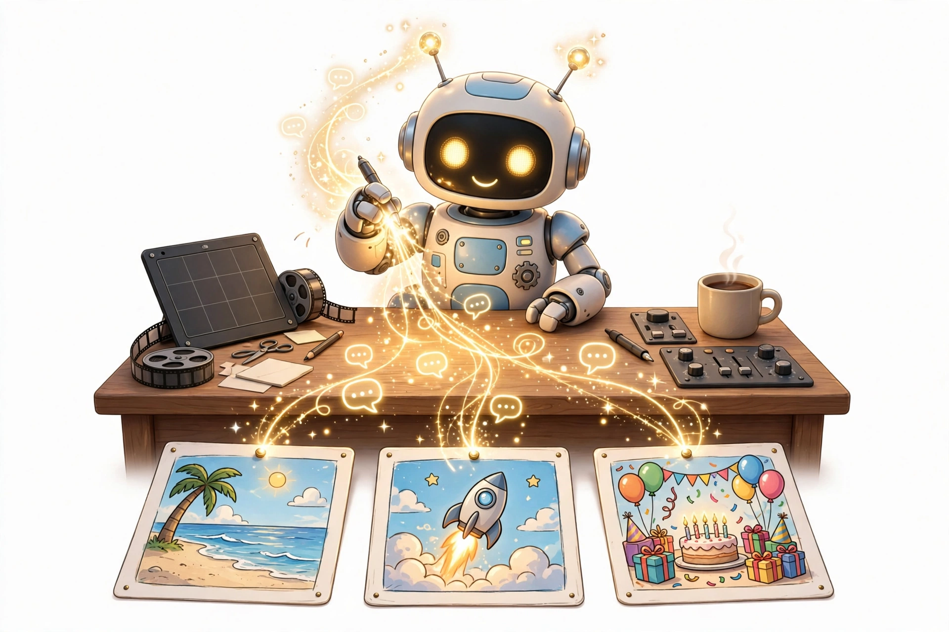 A friendly robot at a film desk sending glowing speech bubbles down onto storyboard cards of a beach, a rocket launch, and a birthday party