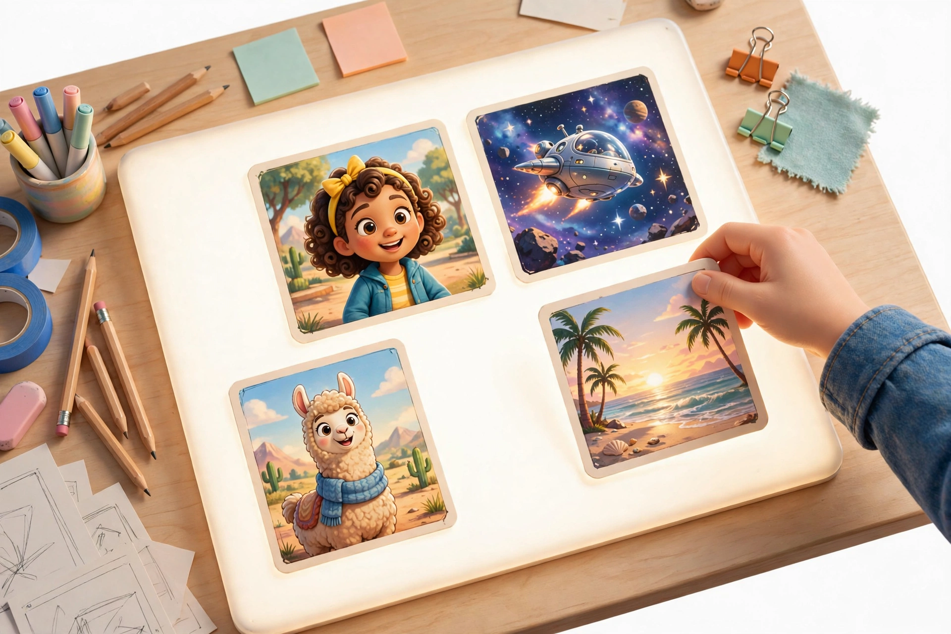 A glowing film desk with colorful storyboard cards: a smiling girl, a spaceship, a beach sunset, and a llama, with a hand placing the sunset card into the story